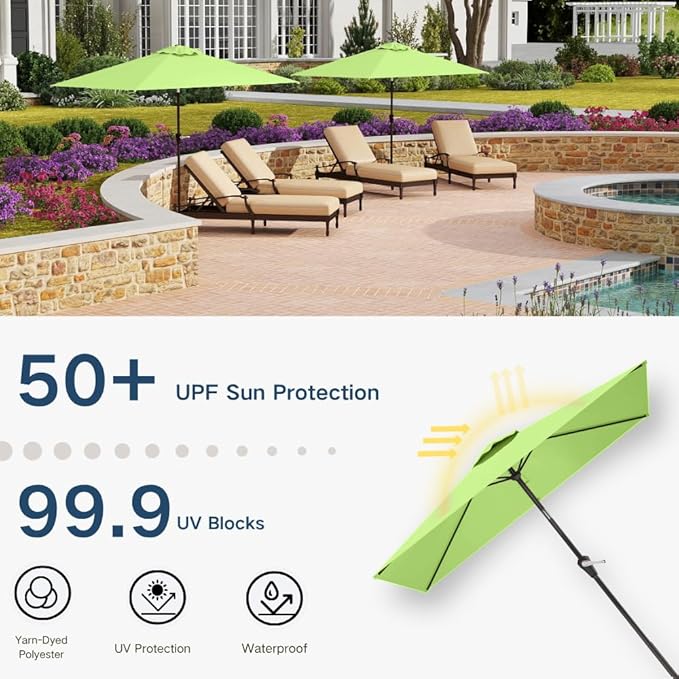 6.5' x 10' Rectangular Patio Umbrella Large Outdoor Market Umbrella w/UV Protection, Push Button Tilt and Crank Lift, Rectangle Table Umbrella for Garden, Deck, Pool, Patio, Apple Green