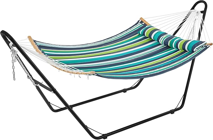 Yaheetech Hammock with Stand Set, Heavy-Duty Double-Pipe Steel Hammock with Frame & Removable Pillow for 2-3 People Outdoor, Porch, Patio, Deck and Backyard, Max.Weight Capacity 475LB - Green Stripe