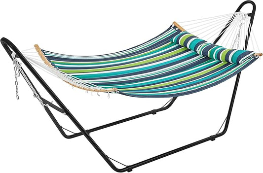 Yaheetech Hammock with Stand Set, Heavy-Duty Double-Pipe Steel Hammock with Frame & Removable Pillow for 2-3 People Outdoor, Porch, Patio, Deck and Backyard, Max.Weight Capacity 475LB - Green Stripe