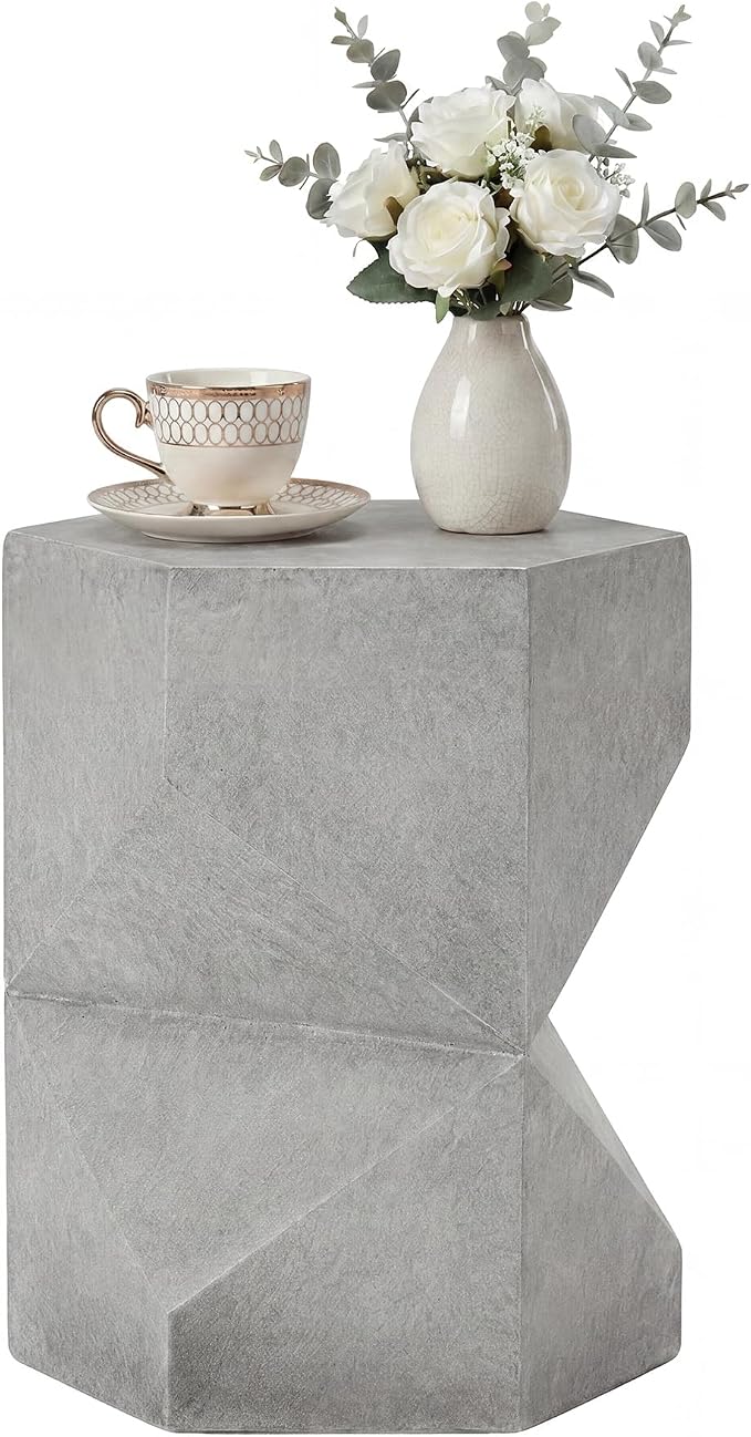 HOMPUS Outdoor Side Table Polygonal, Concrete End Table Hexagonal w Gloss Finish, Patio Accent Table Modern Design Home Decor, MgO Coffee Table for Living Room, Garden, Backyard, Grey