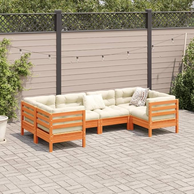 6 Piece Patio Sofa Set with Cushions, Front Porch Furniture Outdoor Dining Sets Patio Conversation Set Garden Lounge Set for Exhibition Garden Poolside Wax Brown Solid Wood Pine