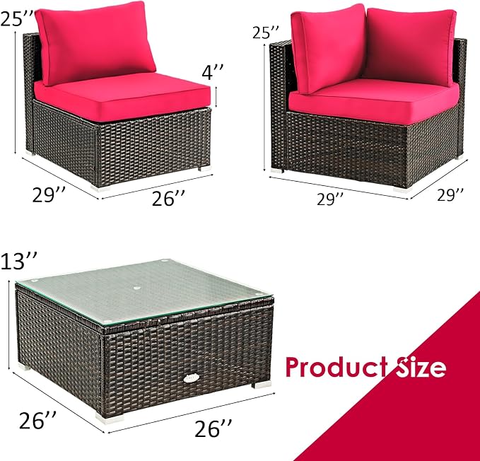 COSTWAY 5-Piece Outdoor Patio Furniture Set, PE Rattan Sofa Chairs with Cushions and Tempered Glass Coffee Table, Conversation Sofa Set for Backyard Garden (Red)