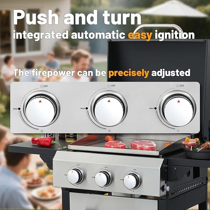 3-Burner Propane Gas BBQ Grill with Side Burner & Porcelain-Enameled Cast Iron Grates, 37230 BTU Output Stainless Steel Grill for Cooking Kitchen Patio Backyard Barbecue