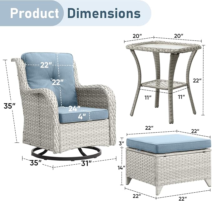 Outdoor Patio Furniture Set-5 Piece Outdoor Swivel Rocker Chairs with Ottomans Patio Furniture Set for Deck Balcony Poolside Backyard-Light Grey/Light Blue