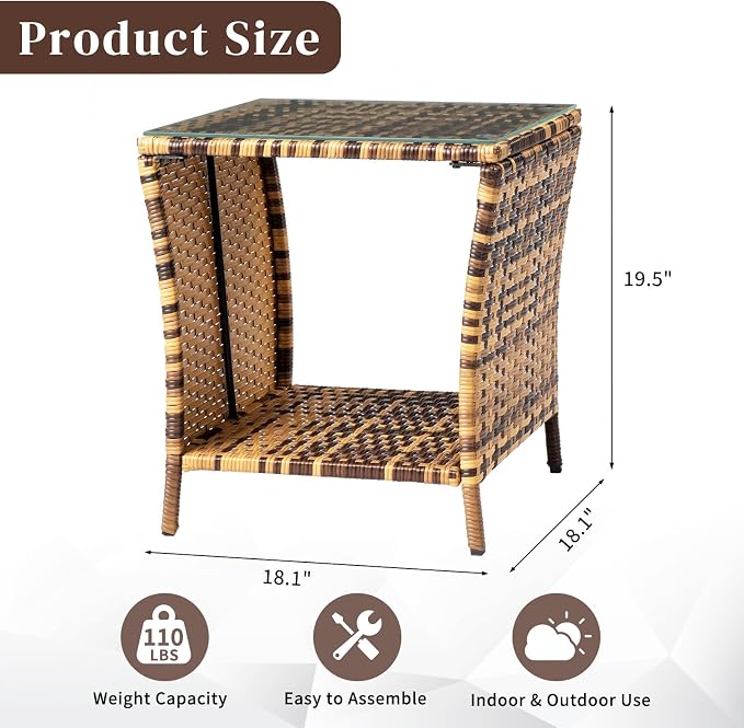 Outdoor Wicker Side Table, 18.1" Square End Table with Tempered Glass Top & Storage Shelf, Resin Wicker Coffee Table for Patio, Porch, Backyard, Balcony,Yellow