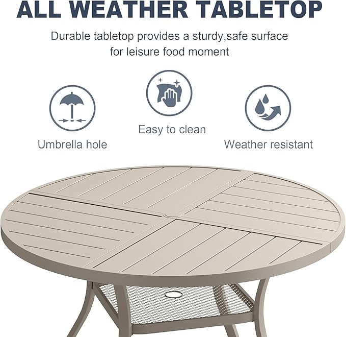 VICLLAX 5 Pieces Patio Outdoor Dining Set, 40.6" Round Metal Table with Umbrella Hole and Storage Shelf, 4 Stackable Textilene Chairs for Patio, Lawn, Garden, Porch, Sandshell