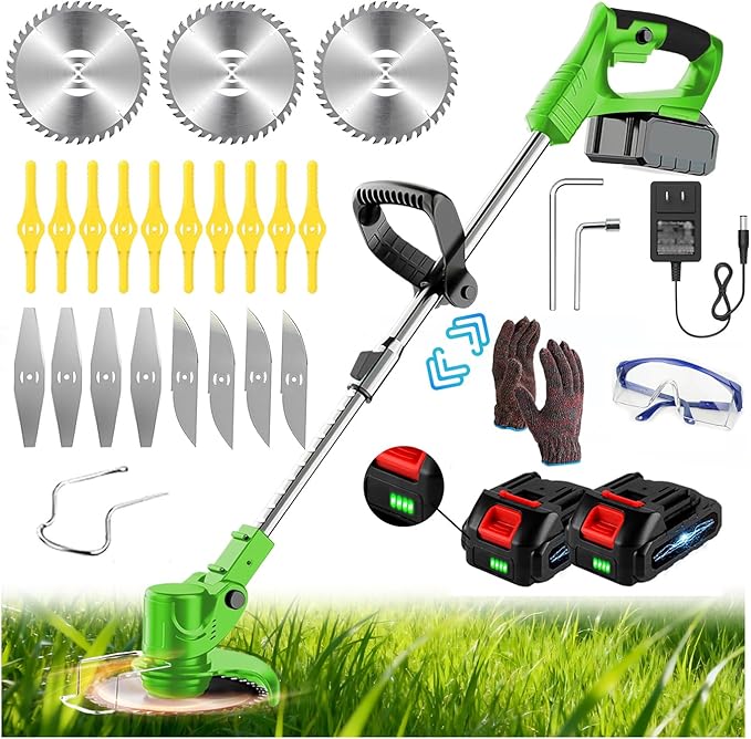 Electric Cordless Weed Wacker, 21V Electric Weed Wacker Eater with Battery Charger, 3 in 1 Grass Trimmer with 4 Types Blade, Lightweight Adjustable Design for Lawn, Yard