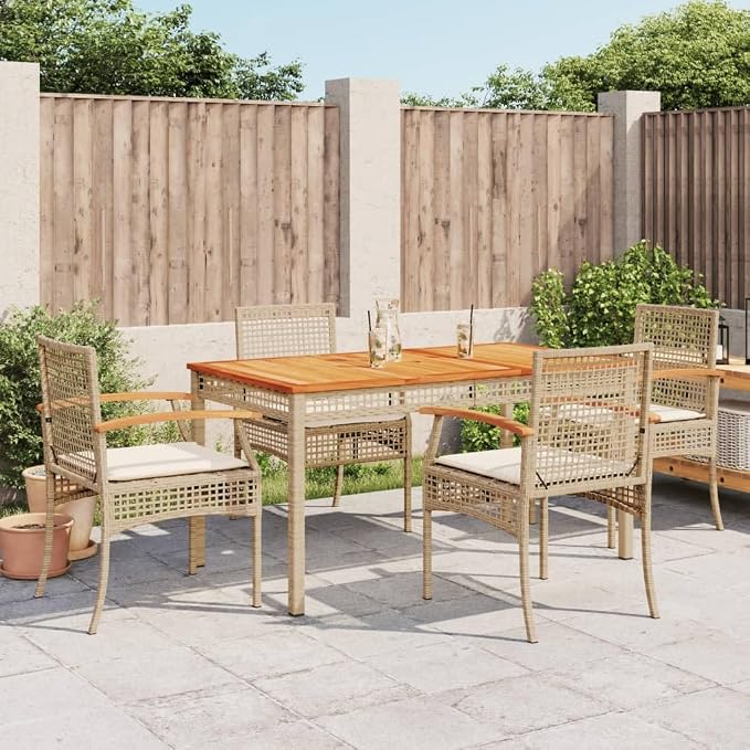 5 Piece Patio Dining Set with Cushions Beige Poly Rattan Outdoor Garden Table and Chairs Set for Backyard Deck, UV-Proof Wicker Dining Furniture with Tempered Glass Top and Removable Washable Covers