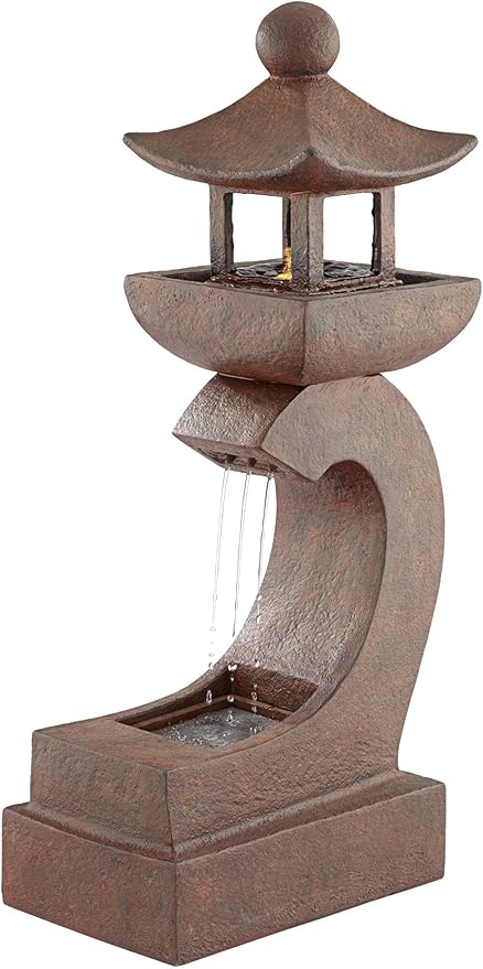 Pagoda 31" High Large Zen Japanese Indoor Outdoor Decor Rust Stone Floor Fountain with Light LED Standing Waterfall Water Feature for Outside Garden Patio Yard Backyard Porch Deck - John Timberland