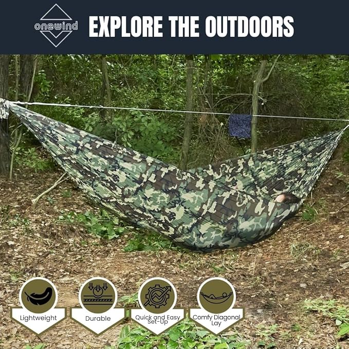 Onewind Camping Hammock, Ultralight Portable Hammock with Adjustable Ridgeline, Outdoor Hammock 20D Ripstop Nylon with 2 * 12Ft Tree Strap, Ideal for Camping, Hiking, Backpacking