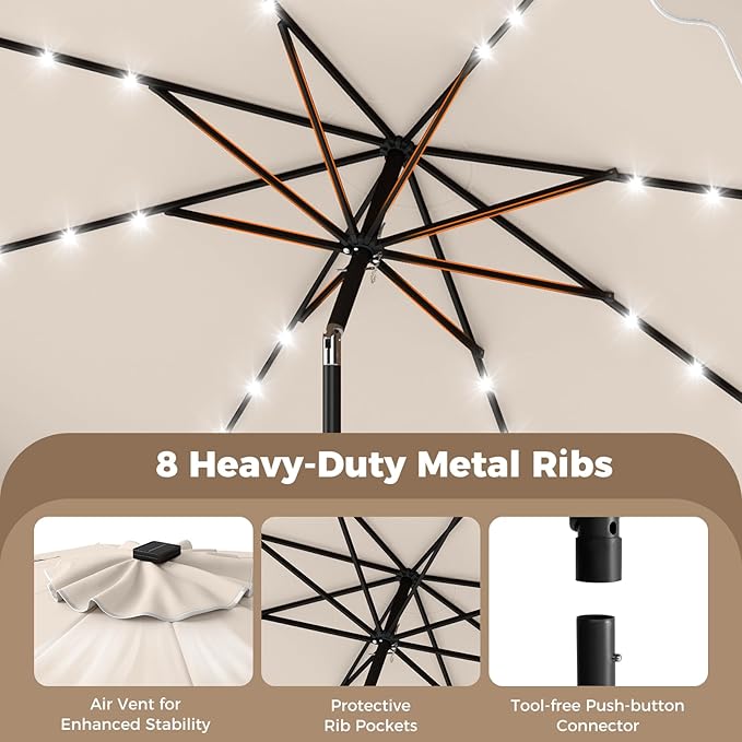 Tangkula 10 FT Solar Patio Umbrella with Base Included, 2-Tiers Outdoor Scalloped Table Umbrella with 32 LED Lights, 2 Sandbags, Tilt Adjustment, Crank, 8 Ribs for Market Backyard Pool Deck Beach Lawn (Beige, 10 FT)