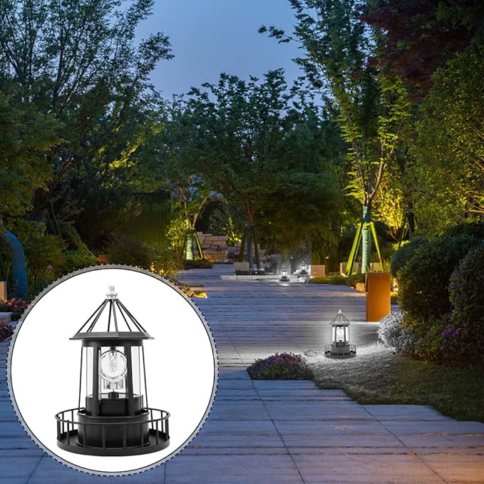 CALIDAKA LED Solar Powered Lighthouse, 360 Degree Rotating Lamp Waterproof Statue Solar LED Lighthouse for Lawn Patio Pond Yard Outdoor Decor (Red)