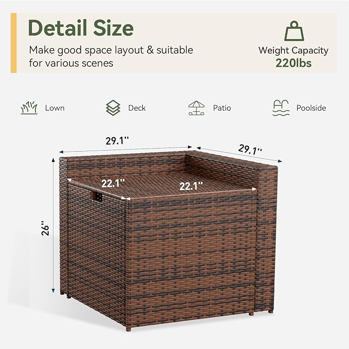 Aoxun Outdoor Wicker Storage Coffee Table, All-Weather Side Table with Waterproof Cover, for 25.8" High-Back Sofas Brown