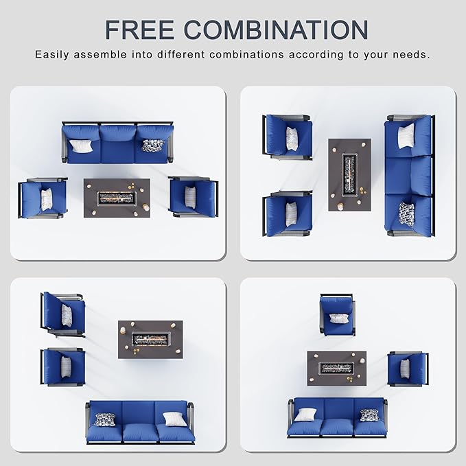 4 Pieces Patio Furniture Set, Metal Outdoor Conversation Sets with Fire Pit Table for Backyard Garden Deck Porch Poolside (Thick Blue Cushions)