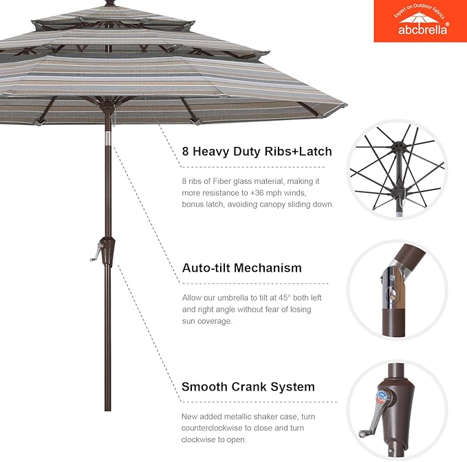 ABCCANOPY 5-Year 10-Year No Fading 9FT 3 Tiers Patio Umbrella, Outdoor Table Umbrella with 8 Sturdy Ribs for Deck, Backyard, Garden, Yard