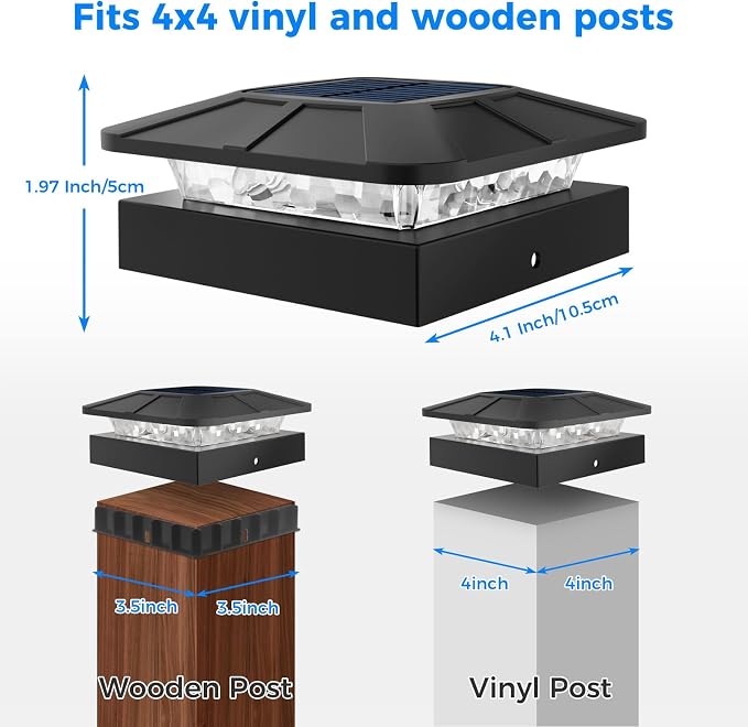 4x4 Solar Post Cap Lights Outdoor with 3 Lighting Modes, 2 Packs LED Post Light Solar Powered Waterproof, Fence Deck Lights for 4×4/3.5×3.5 Wood/Vinyl Posts