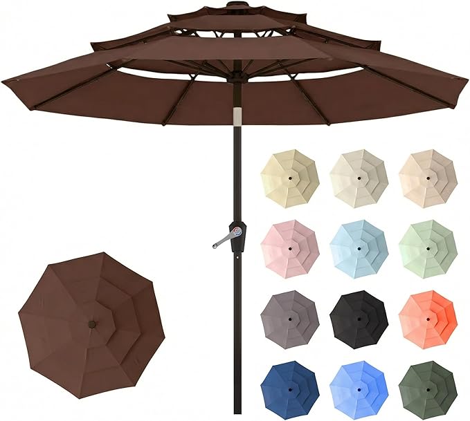 10ft Patio Umbrella, 3 Tier Outdoor Market Table Umbrellas with 8 Fiberglass Ribs and Push Button Tilt, Windproof, Vented Canopy, UV Protection for Deck, Pool, Backyard