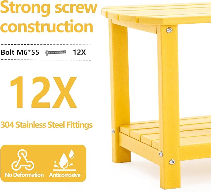 Adirondack Small Outdoor Side Table - Weatherproof HDPE Patio End Table with 2-Tier Storage for Firepit, Balcony, Garden, Poolside or Bathroom (Yellow, Set of 2)