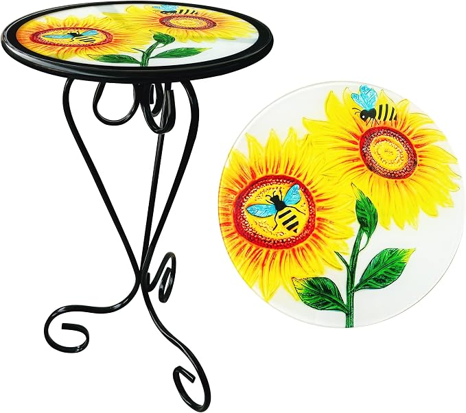 Bee Sunflower Side Tablle with Glass Top & Metal Base Furniture Decor | Manortang; 12 Inch; Side Table; Glass Top & Metal Base; Living Room Decor; handicrafts; Indoor & Outdoor; Great gift choice