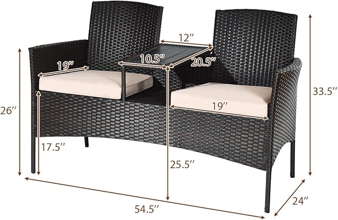 Tangkula Outdoor Rattan Loveseat with Built-in Coffee Table, 2-Person Patio Conversation Set with Cushions & Table, Modern Patented Wicker Sofa Set, Wicker Sofa for Garden Lawn Backyard, Beige