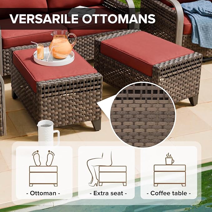 COOS BAY Modern Wicker Outdoor Furniture Set, 6 Piece Patio Conversation Set with 2 Patio Chairs, a 3 Seat Couch, 2 Ottomans and Coffee Table, 6 Piece, Brown/Red