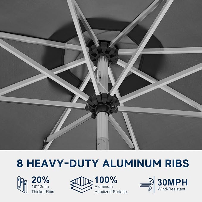 9FT Aluminum Patio Umbrella with 40-LED Solar Lighted, Fade-Resistant Outdoor Market Table Umbrella with Push Button Tilt Function, 8 Sturdy All-Aluminum Ribs for Gardens, Decks, Backyards & Pools