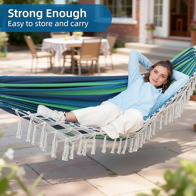 Posprica Brazilian Style Double Hammock with Fringe, 2 Person Patio Hammock for Backyard & Indoor Relaxation, Soft Breathable Fabric, Easy Setup with Straps & Carry Bag, 360 lbs Capacity