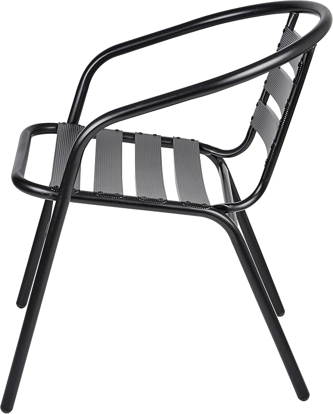 BTEXPERT Indoor Outdoor Restaurant Stainless Steel Aluminum Metal Slat Stack Commercial Lightweight, 2 Chairs with a 27.5" Round Table, Silver/Black