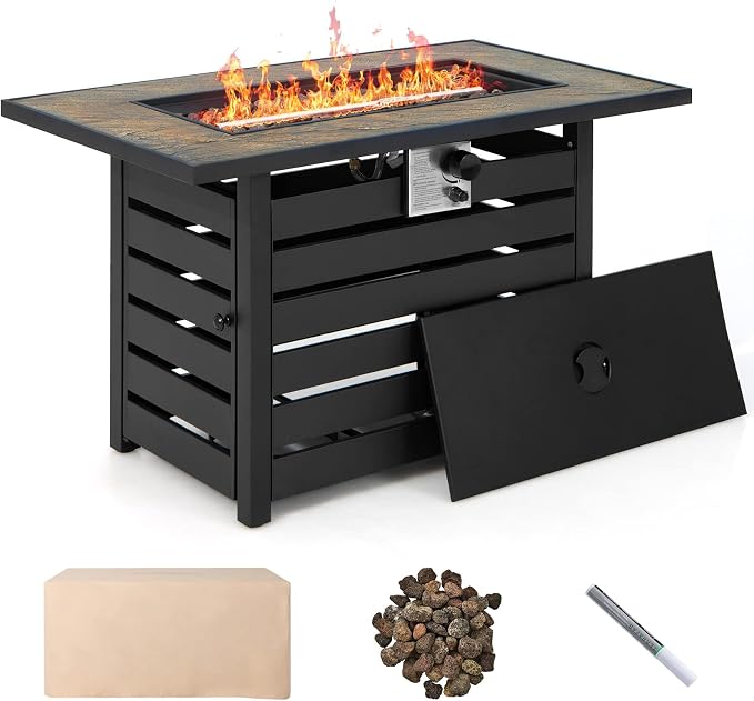 Tangkula 6-Piece Patio Furniture Set with 42 Inches Propane Fire Pit Table, Outdoor Wicker Conversation Set with Cushions and Tempered Glass Coffee Table, 50,000 BTU Gas Fire Pit Table (Navy)