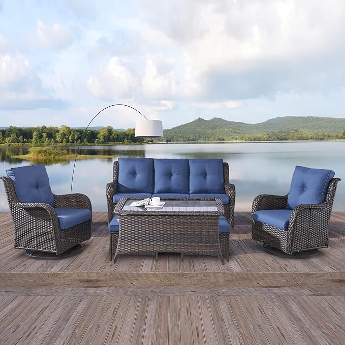 Rilyson Wicker Patio Furniture Set - 6 Piece Rattan Outdoor Sectional Conversation Sets with 2 Swivel Rocking Chairs,2 Ottomans,1 Sofa and 1 Coffee Table for Porch Deck Garden(Brown/Blue)