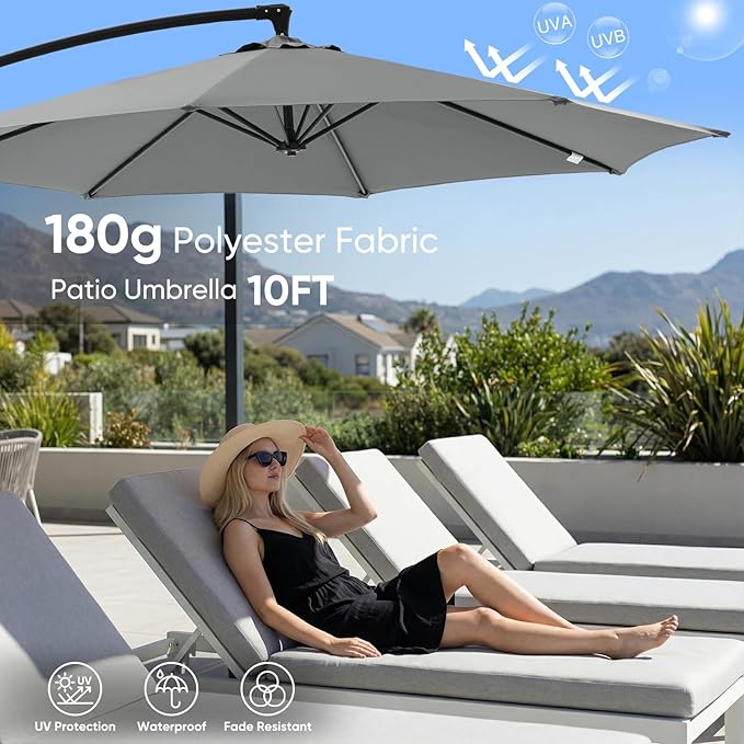 NEWBULIG 10FT Patio Umbrella, Offset Cantilever Outdoor Patio Table Umbrella, UV Protection, Fade Resistant Fabric, Easy Tilt Adjustment for Deck, Pool, Backyard, Garden
