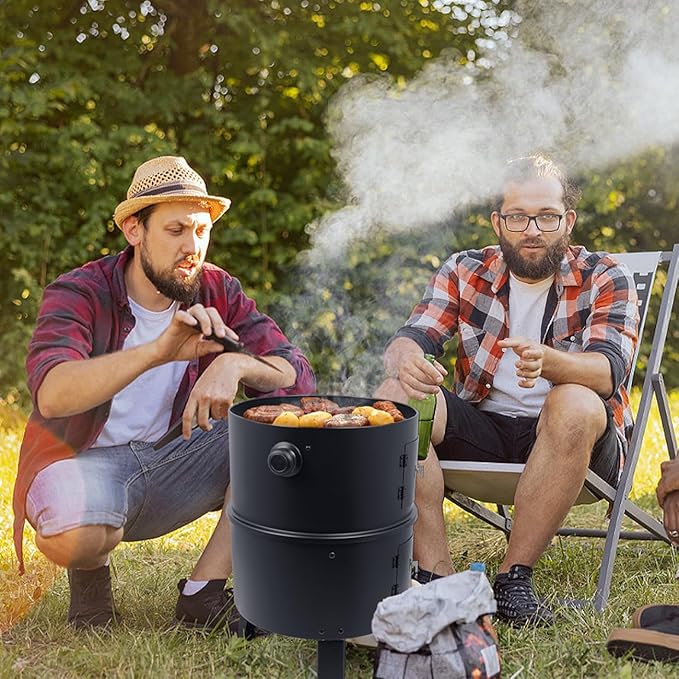Charcoal BBQ Smoker, 16 Inch Heavy Duty Grill with 2 Cooking Area and Thermometer, 4 In 1 Vertical Smokers Grill for Outdoor Camping Backyard Picnic Party