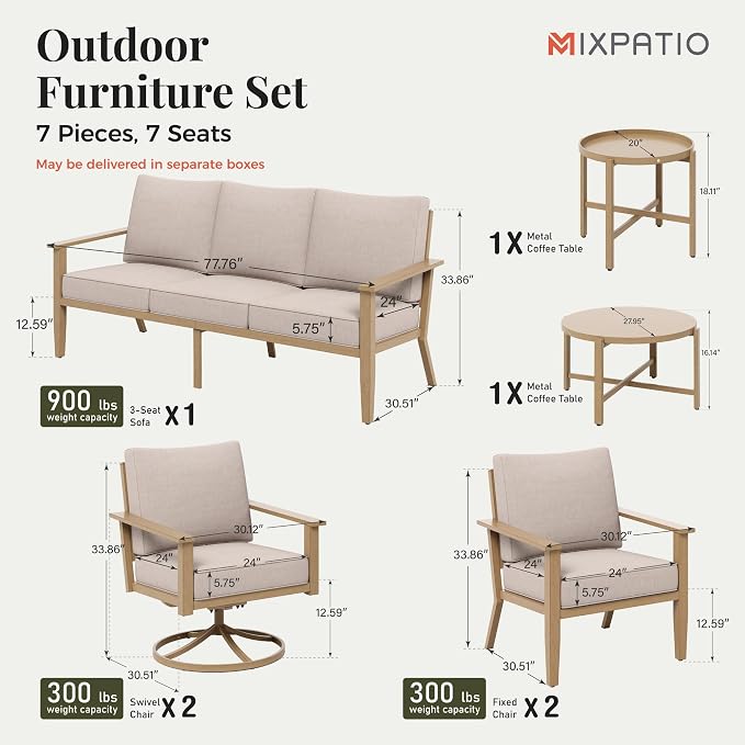 MIXPATIO 7-Piece Patio Outdoor Conversation Furniture Set with Dual Swivel/Stationary Chairs, Steel Modern Outdoor Patio Conversation Sets with Thick Cushions for Porch, Balcony, Backyard-Beige