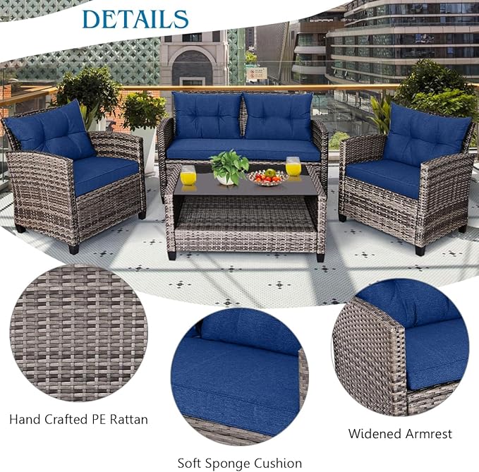 Tangkula 8 PCS Patio Wicker Conversation Furniture Set, Outdoor Rattan Sofa Set with Padded Cushion & Tempered Glass Coffee Table, Wicker Sectional Sofas & Table for Courtyard Balcony Garden (2, Navy)
