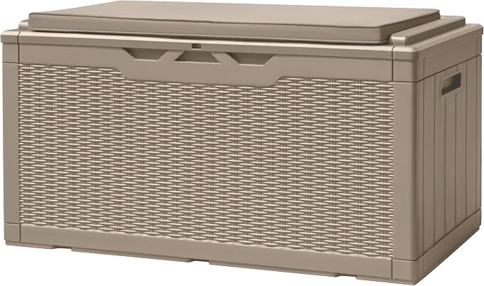 Devoko 100 Gallon Deck Box, Waterproof Resin Outdoor Storage Box with Cushion for Outside, Large Outdoor Storage Bench Cabinet Lockable for Patio Furniture and Garden Tools (Brown)