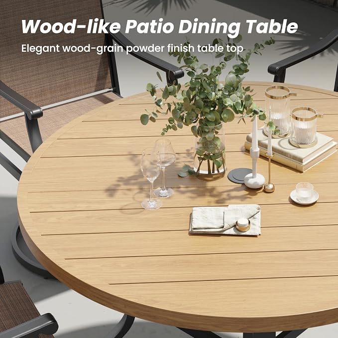 Soohow Outdoor Dining Set for 6, 7-Piece Patio Table and Chairs Set, 6 x Swivel Patio Dining Chairs and 47" Wood-Like Round Outdoor Table with 1.57" Umbrella Hole for Backyard, Poolside