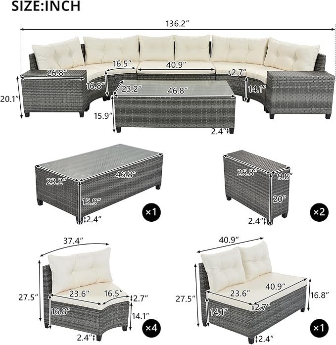 8-Pieces Half Moon Patio Furniture Set, Curved Sofa Set with Rectangular Coffee Table PE Rattan Wicker Patio Conversation Set with Movable Cushion and Pillows for Porch Deck Garden, Beige
