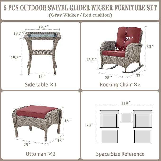 Belord 5 Piece Patio Rocking Chairs Furniture Set - Outdoor Wicker Furniture with Ottomans and Side Table, Rattan Conversation Bistro Set for Porch Balcony Backyard