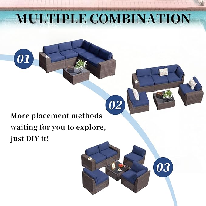 6 Pieces Wide Armrest Patio Furniture Set, Rattan Sectional Furniture with Thickened Cushions, Outdoor Patio Conversation Sets for Backyard, Poolside, Garden, Navy Blue/Brown, Sets of 6