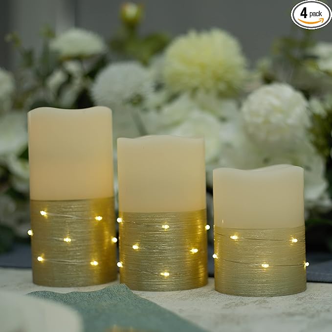 H-BLOSSOM Flickering Flameless Candles Ivory Real Wax Pillar with Embedded String Lights LED Candles Battery Operated with 10 Key Remote and Cycling 5H Timer Set of 3 (3" x 4"/5"/6") (Gold)