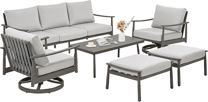 6 Pieces Aluminum Outdoor Patio Furniture Sets with Coffee Table, Cushioned 3-Seat Sofa Couch and Swivel Chairs with Ottomans, All-Weather Conversation Set for Yard Proch Deck, Greige & Grey