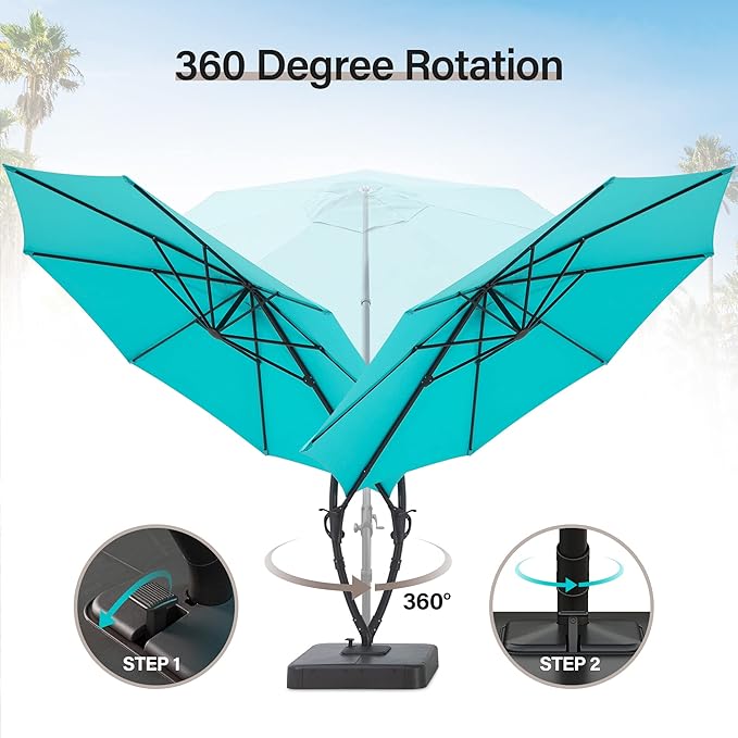 LAUSAINT HOME 11FT Curvy Cantilever Patio Umbrella with Base, 360° Rotation Offset Outdoor Umbrella, Heavy Duty Hanging Umbrella for Backyard, Pool, Garden（Turquoise Blue）