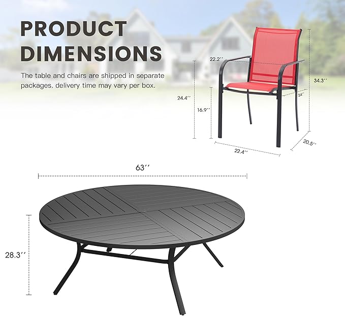 11 Pieces Outdoor Dining Set, Stackable Textilene Paito Chairs & 63.1" Round Dining Table with Umbrella Hole, Patio Dining Set for Backyard, Deck, Garden, Red & Black