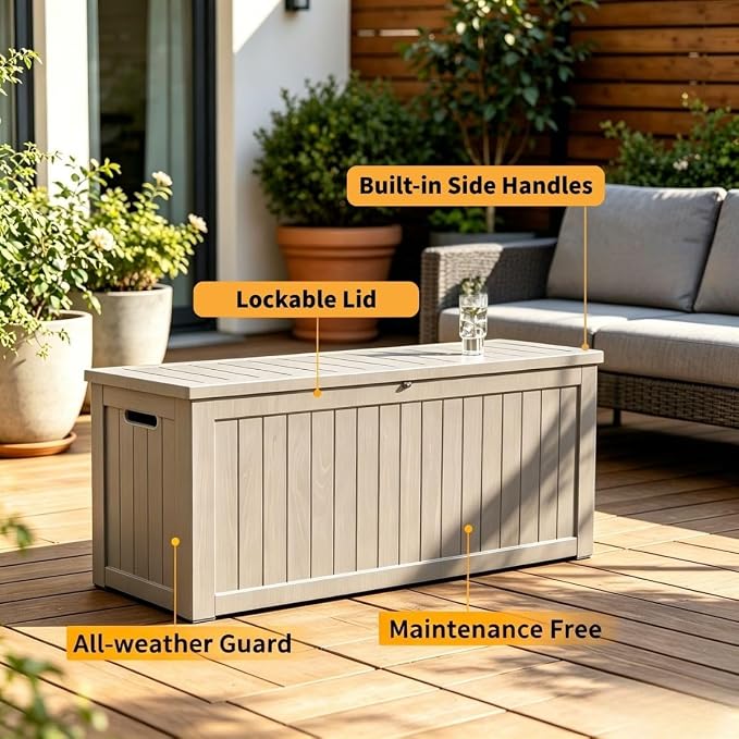 270 Gallon Outdoor Storage Box, Waterproof Resin Deck Container with Lockable Lid, Patio Organizer for Cushions & Garden Tools, Slate Grey
