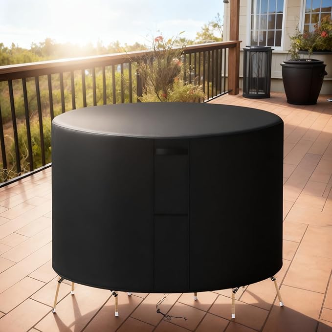 54"(D) x 16"(H) Round Outdoor Furniture Cover, Custom Heavy Duty 420D Waterproof Patio Furniture Cover with Drawstring & Buckles for Table Chair Garden, Black