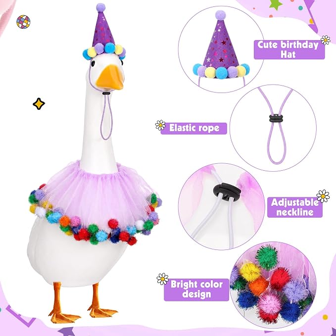Birthday Porch Goose Outfit Lawn Clothes Hat and Tutu Collar Plastic Outfits for 23" 17" Cement Goose Outdoor Garden Lawn Art Decor (Purple,Tutu Skirt)