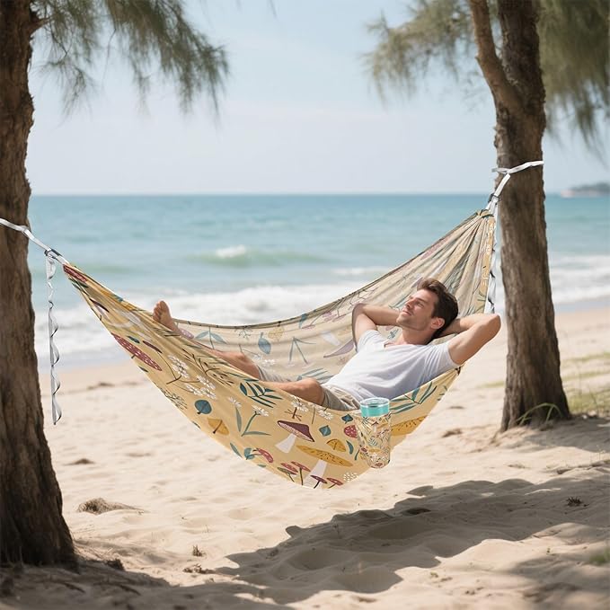 Mushroom Pattern Camping Hammock, Portable Lightweight Single Hammock with Tree Straps and Aluminum Carabiners, 114" x 54" Travel Hammock for Hiking Backpacking Beach