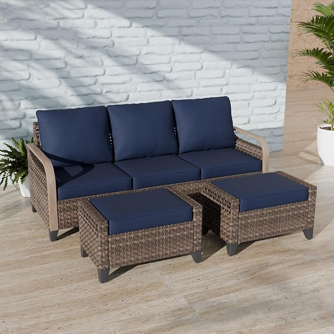 COOS BAY Modern Wicker Outdoor Furniture Set, 3 Piece Patio Conversation Set with a 3 Seat Couch and 2 Ottomans, 3 Piece, Brown/Blue