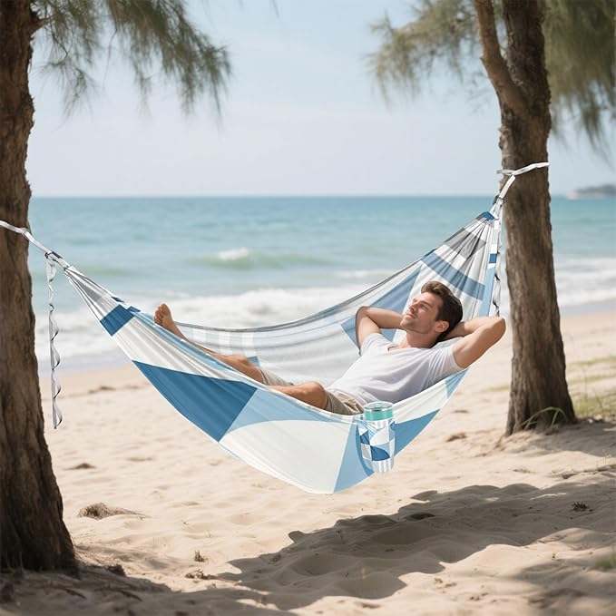 Geometric Blue Pattern Hammocks with Hanging Rope Tree Hammock for Outside Patio Backyard Poolside