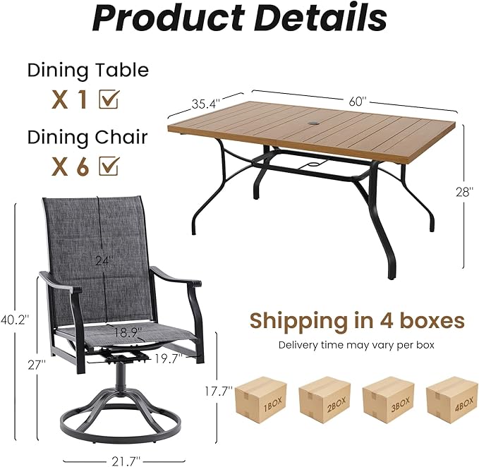 Soohow 7-Piece Outdoor Dining Set, Patio Dining Table and Chairs Set for 6, 6 x Swivel Patio Chairs and 60"x35" Dining Table with 1.57" Umbrella Hole, Wood-Like, Ideal for Poolside, Backyard, Deck